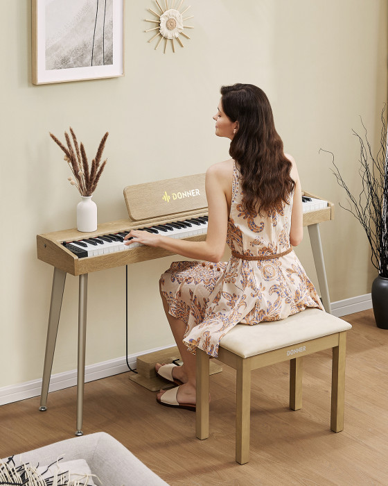 Hlavní obrázek Stoličky a sedáky DONNER Light Wood Color Piano Bench with High-Density Suede Cushion - Beige